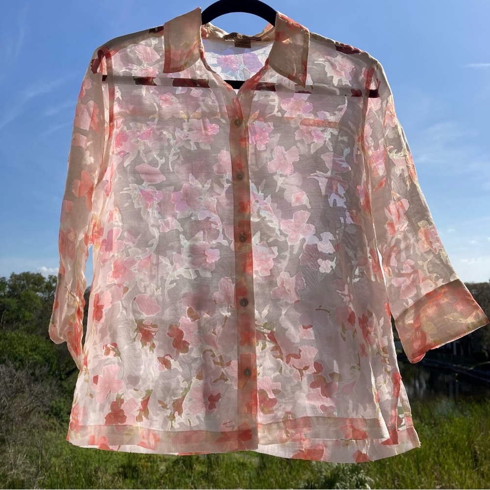 Notations Petite Floral Linen Blend Button-Up Blouse PL - Picture 10 of 10